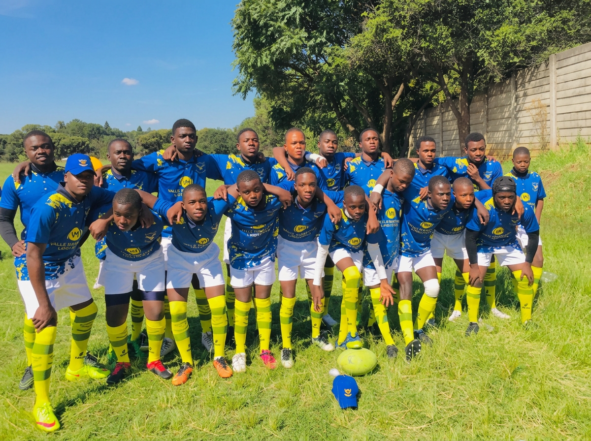 The soccer team in blue jerseys and yellow socks posing together