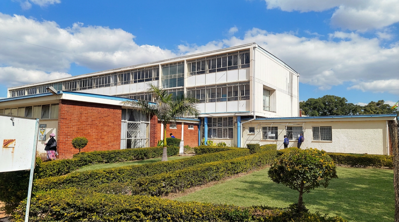 School buildings surrounded by hedges and campus gardens